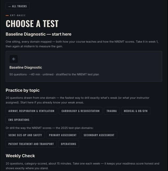 The student test picker: a Baseline Diagnostic to start, practice by topic across the five NREMT domains and the 2025 test-plan domains, and a Weekly Check