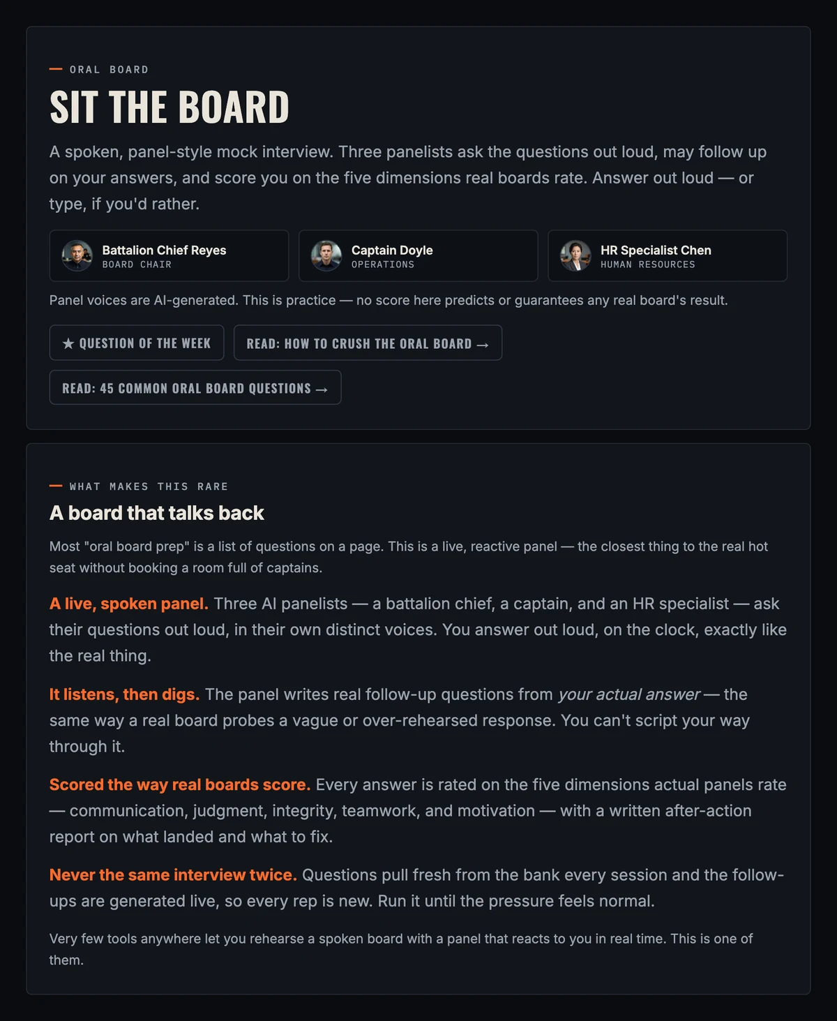 The Tailboard Academy oral board setup screen showing the three panelists: Battalion Chief Reyes as board chair, Captain Doyle on operations, and HR Specialist Chen