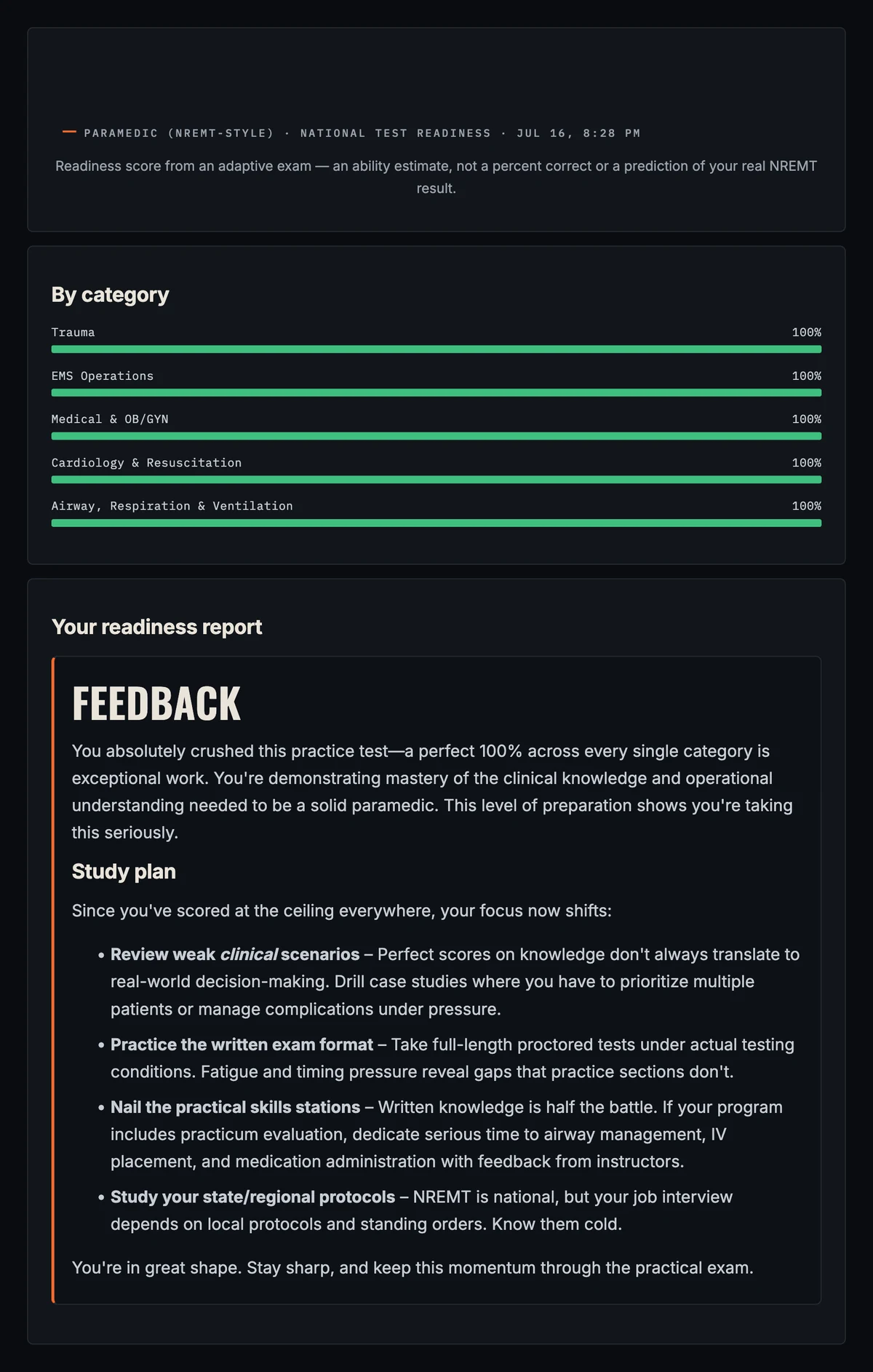 An adaptive paramedic exam result in Tailboard Academy showing a readiness score out of 100 and per-category breakdown bars