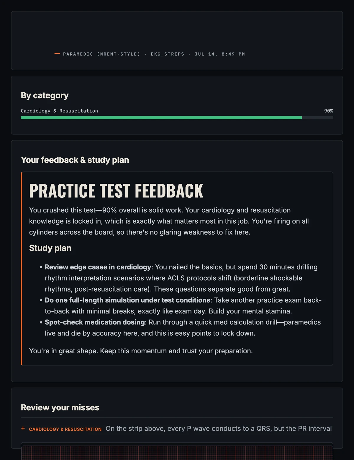 A Tailboard Academy practice test result showing category scores, a written study plan, and a review of missed questions with explanations